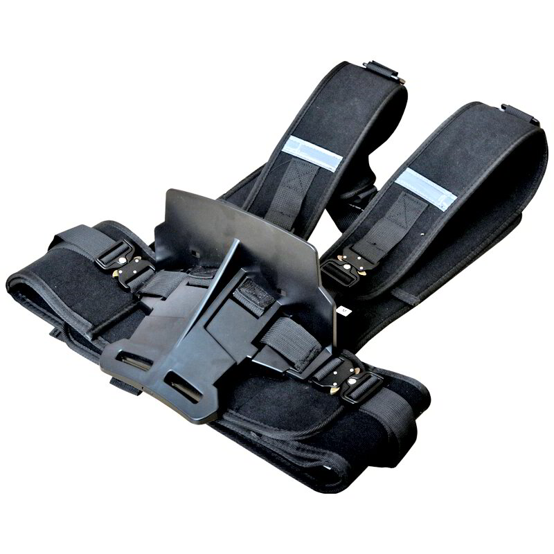 The Body Shelf ergonomic carrying harness worn on the torso with the load shelf deployed at waist height